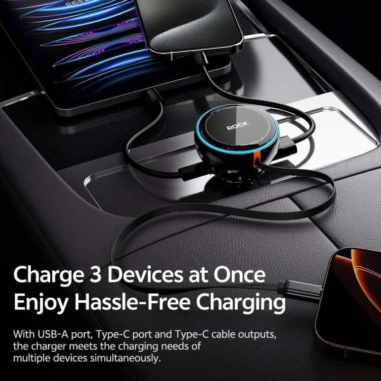 Rock H30 Retractable Type C Cable Car Charger USB A 45W