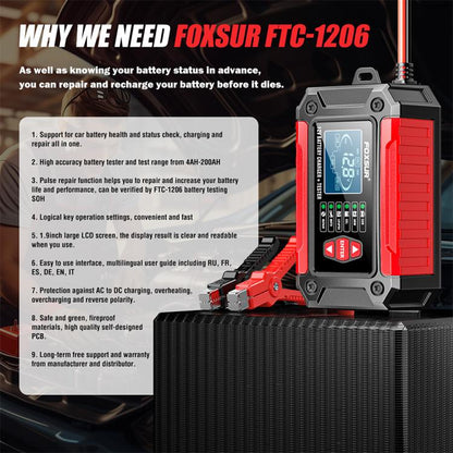 FOXSUR FTC-1206 Cargador Probador De Batería 12V 2 En 1