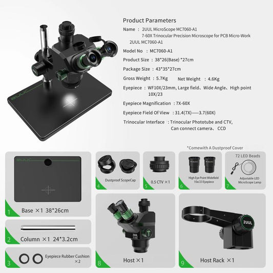 2uul MC7060-A1 Microscopio Trinocular 7-60X Zoom Profesional