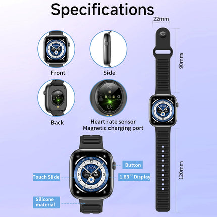 QS12 Reloj Inteligente Deportivo 1.83 Pulgadas BT5.3 Monitor Salud Negro IP67