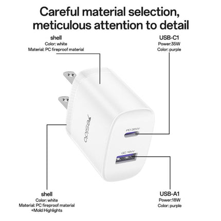 Yesido PD35W Cargador USB C USB A 35W 18W Carga Dual para Portátiles