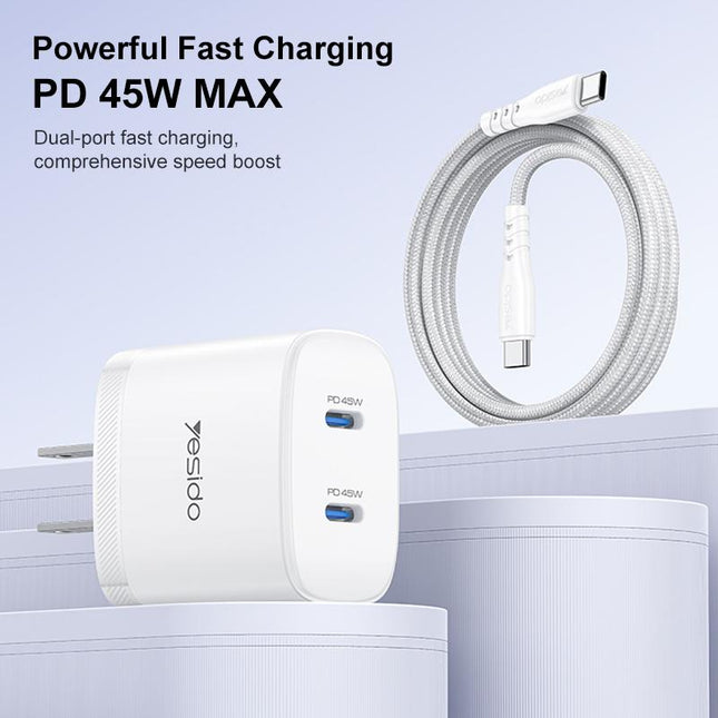 Cargador Rápido Yesido PD45W Doble Tipo-C con Cable de 1m