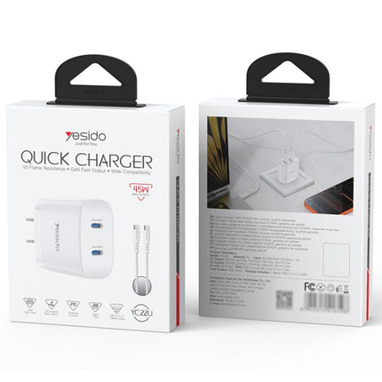 Yesido PD45W Cargador Doble USB-C 45W Protección Inteligente