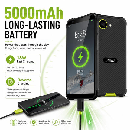 UNIWA F999 Teléfono Resistente 4GB 64GB Pantalla 5.33 Pulgadas Android 16.0 Negro Verde