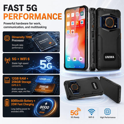 UNIWA NR6600 Teléfono Resistente 12GB 256GB Pantalla 6.6 Pulgadas Batería 8000mAh 5G NFC PTT OTG Plug US Negro