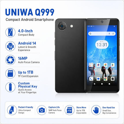 UNIWA Q999 Teléfono Android 14 4GB RAM 64GB ROM Pantalla 4 Pulgadas Negro
