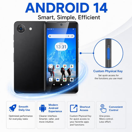 UNIWA Q999 Teléfono Android 14 4GB RAM 64GB ROM Pantalla 4 Pulgadas Negro