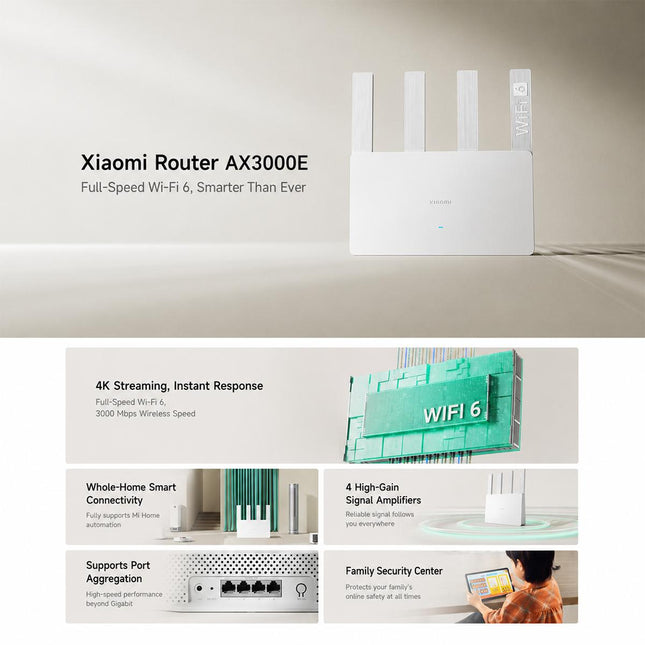 Xiaomi Router AX3000E Wi-Fi 6 3000Mbps Doble Banda 4 Antenas 256MB RAM