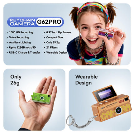 G62 Pro Cámara Mini Retro con Pantalla Flip 0.97 Pulgadas y Video 1080P HD Plata