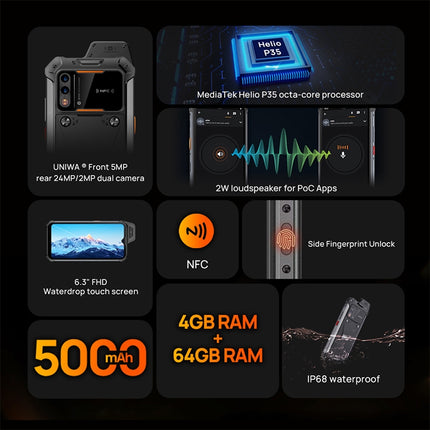 UNIWA W888 Teléfono Rugerizado 4GB 64GB Pantalla 6.3 P35 IP68