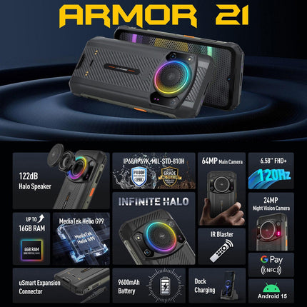 Ulefone Armor 21 Teléfono Rugged 8GB 256GB 9600mAh Pantalla 6.58