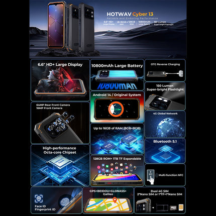 HOTWAV CYBER 13 Teléfono Rugerizado 8GB 128GB 10800mAh 6.6