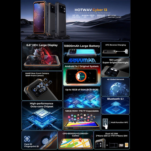 Teléfono Robustoso HOTWAV CYBER 13, 8 GB + 128 GB, 10800 mAh, Pantalla 6,6", Android 14, IP68, 4G, NFC