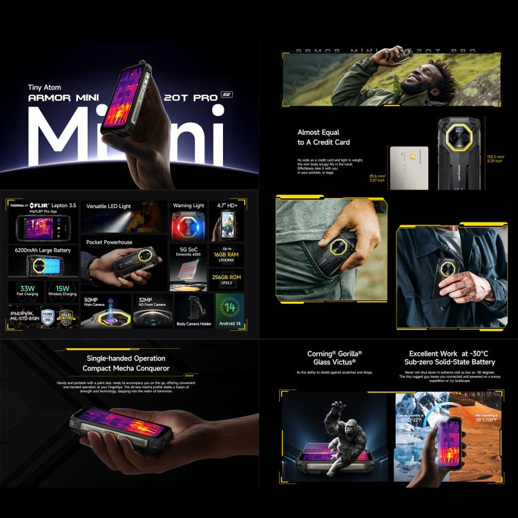 Ulefone Armor Mini 20T Pro, Teléfono Resistente 8 GB + 256 GB, Imagen Térmica, 5G, Android 14, IP68/IP69K