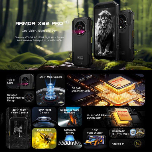 Ulefone Armor X32 Pro 5G Teléfono Robusto 8GB+256GB Pantalla 5.65 Pulgadas Visión Nocturna IP68/IP69K