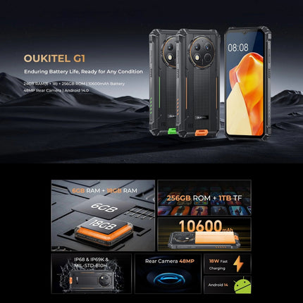 Oukitel G1 Teléfono Rugged 6GB 256GB Pantalla 6.52 pulgadas 10600mAh