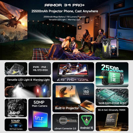 Ulefone Armor 34 Pro+ Projector Smartphone 12GB+512GB 5G Vision Nocturna