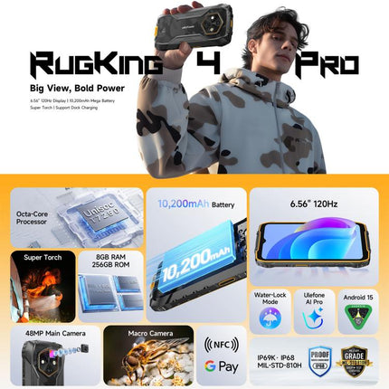 Ulefone RugKing 4 Pro Smartphone 8GB+256GB 6.56 Unisoc T7250 Resistencia