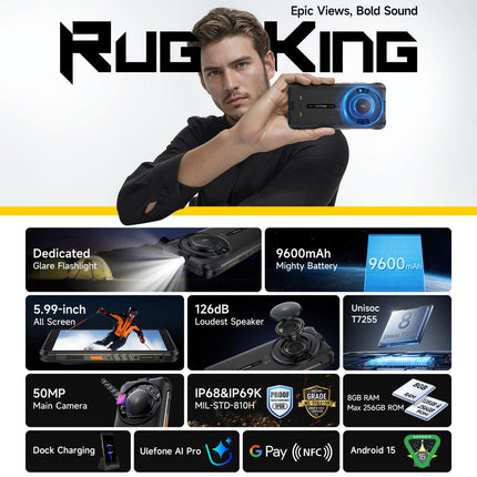 Ulefone RugKing 8GB 128GB Teléfono Resistente 9600mAh 5.99