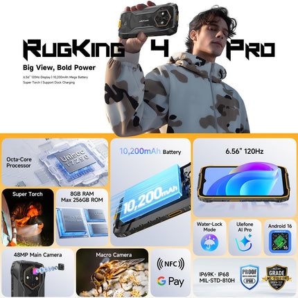Ulefone RugKing 4 Pro Teléfono Resistente 8GB RAM 128GB Almacenamiento 6.56 Pulgadas Android 16