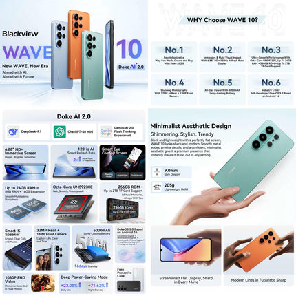 Blackview WAVE 10 Smartphone 8GB RAM 256GB 6.88 Pulgadas Android 16 4G Naranja