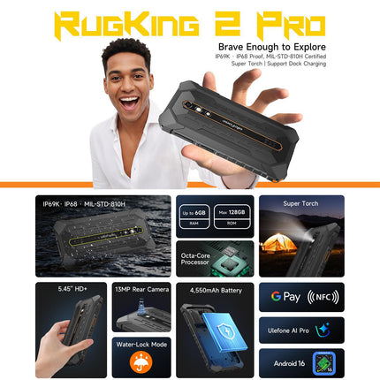 Ulefone RugKing 2 Pro Teléfono Resistente 6GB 128GB 5.45 Pulgadas Android 16 IP68 IP69K