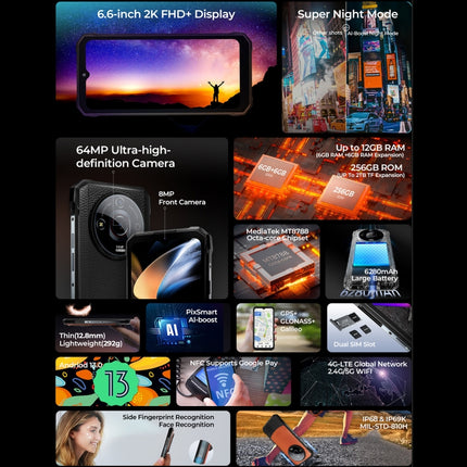 HOTWAV T7 Teléfono Resistente 6GB+256GB 6280mAh Versátil