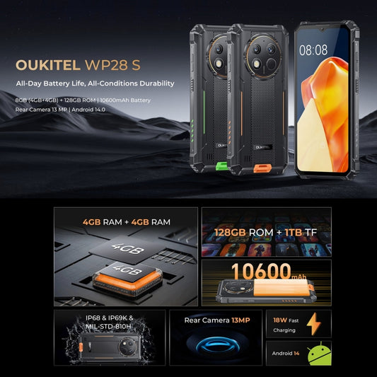Oukitel WP28 S Teléfono Robusto 4 GB + 128 GB, 10600 mAh, IP68/IP69K, 4G, Unisoc T606