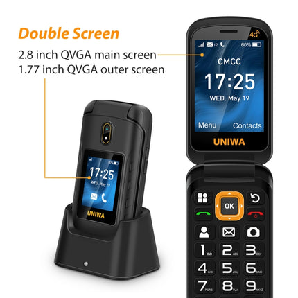 UNIWA V909T Flip Teléfono Doble Pantalla 4G Con Base De Carga