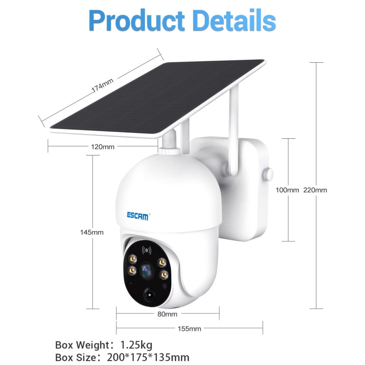 ESCAM QF255 Cámara Solar WiFi 2MP Detección PIR Exterior HD Resistente