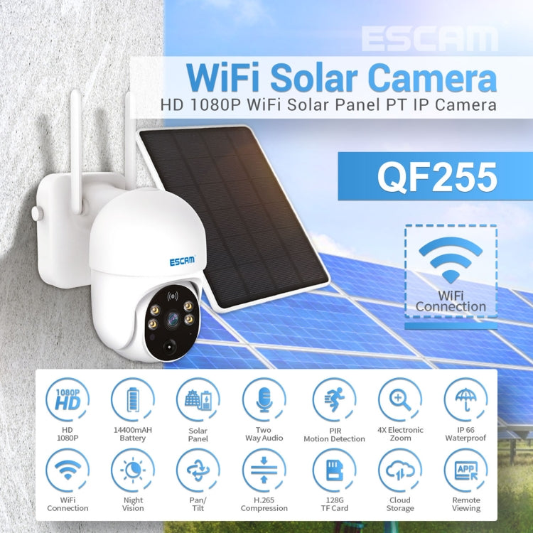 ESCAM QF255 Cámara Solar WiFi 2MP Detección PIR Exterior HD Resistente
