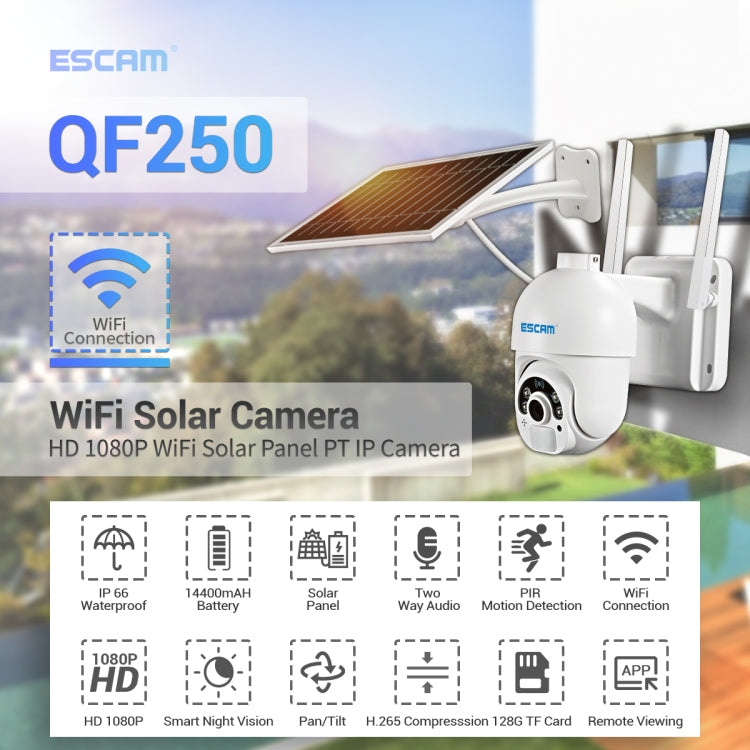 ESCAM QF250 HD 1080P WiFi Cámara IP Panel Solar Integrado