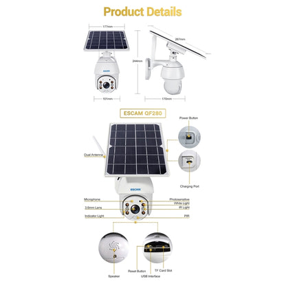 ESCAM QF280 Cámara IP PT Solar Panel Integrado WiFi IP66 Exterior