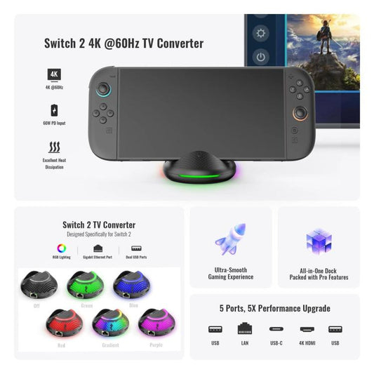 JYS Nintendo Switch 2 4K 60Hz Dock para TV 5In1 Hub Compatible con Switch