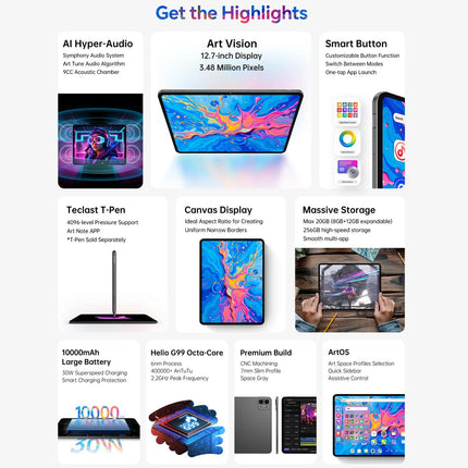Teclast ArtPad Pro Tablet PC 12.7 pulgadas 8GB RAM 256GB almacenamiento Android 15 Dual SIM 4G