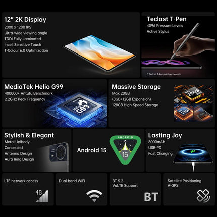 Teclast T60 Pro Tablet Android 15 12 Pulgadas 8GB RAM 128GB ROM 4G LTE Dual SIM