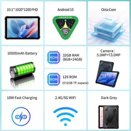 UNIWA UTAB R1040 Tablet Resistente IP67 10.1 Pulgadas 8GB RAM 128GB ROM Android 15 4G