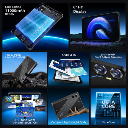 OUKITEL RT3 Plus Tablet Rugged 8.0" 4GB 128GB IP68/IP69K Azul