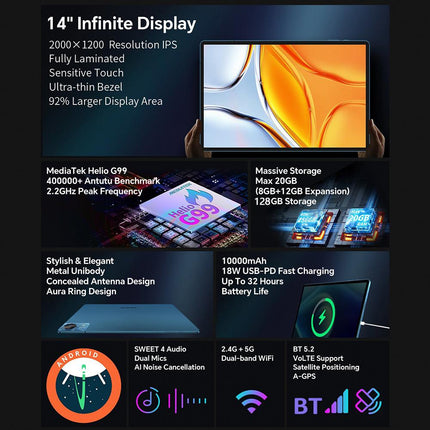 Teclast T70 Tablet PC 14 Pulgadas 8GB RAM 128GB Almacenamiento Android 15 Helio G99 Dual SIM