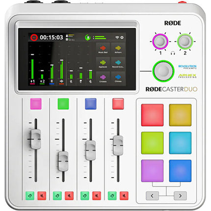 RODE RODECaster Duo Kit de Podcast para 2 Personas con 2 PodMic 2 Auriculares y 2 Boom Arms Blanco