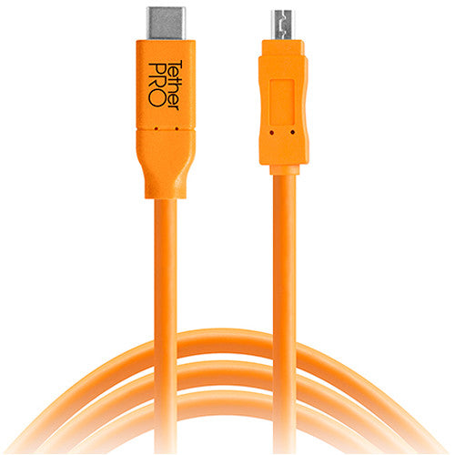 Tether Tools TetherPro Cable USB Tipo C a Mini USB 2.0 15 pies naranja con Placa Quick Release